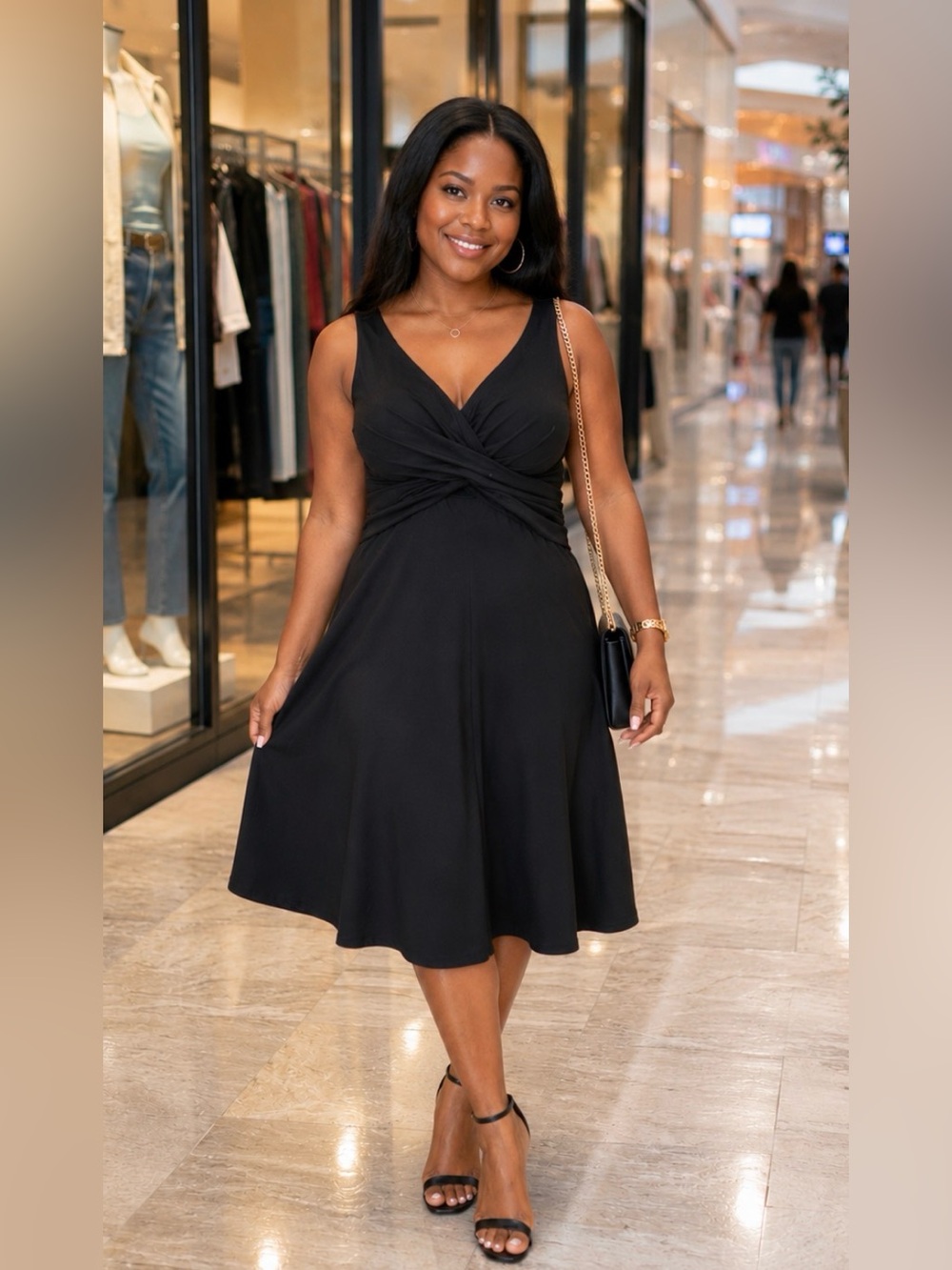Mossino women’s Black V-Neck Twist-Front Midi Dress